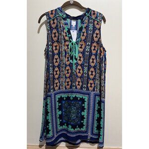 Boutique Charmer Lace-Up Dress Blues, Green Multi Color ~ Large New With Tags